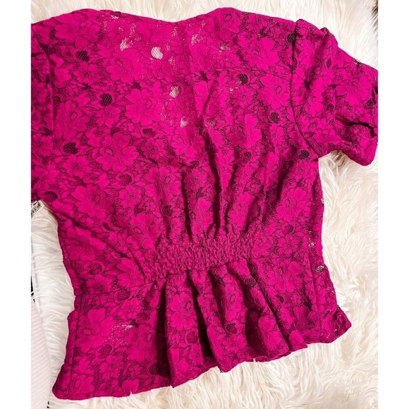 Free People Magenta Floral Lace V-Neck Puff Sleeve Peplum Button-Up Top Small - - Picture 5 of 5